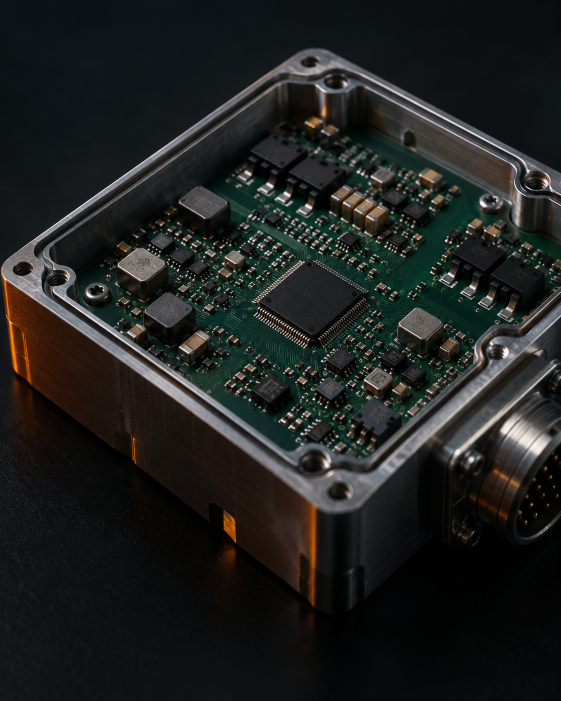 Conceptual engine-control electronics: a green circuit board with chips and connectors in an open machined-metal enclosure